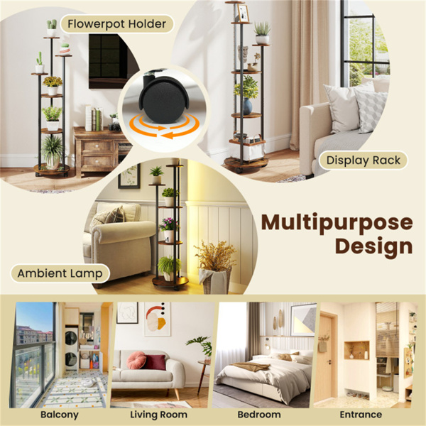 6层植物架，带RGB灯带、智能APP和远程控制植物架，用于家居装饰-乡村棕色-6