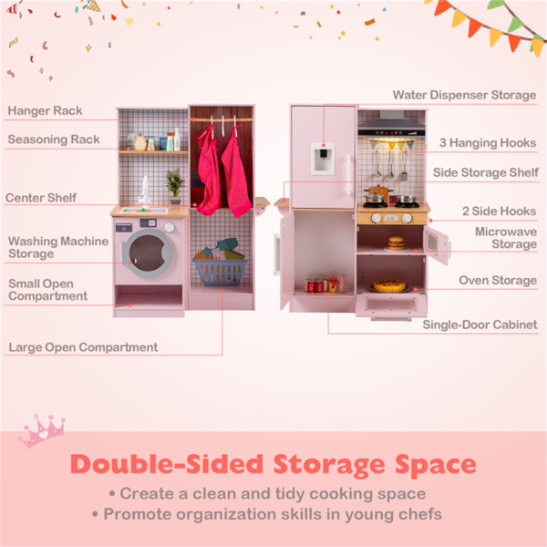粉色双面儿童游戏厨房，配有饮水机和抽油烟机，适合3岁以上儿童使用-8
