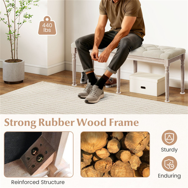 米色47.5英寸橡胶木软垫长椅，带按钮簇式座椅，可容纳440磅的复古入口卧室长椅-7