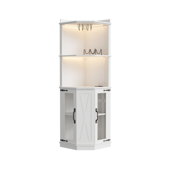 67.3英寸转角吧台柜，带电源插座，乡村风格酒柜，带可调节搁板，适用于家庭、餐厅、客厅、厨房，配备照明灯和酒杯架。-11