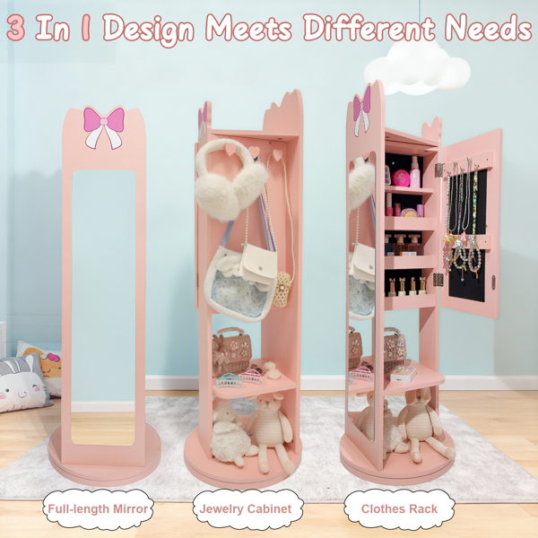 粉色 蝴蝶结元素 密度板 喷漆 1门1层架 底部可旋转 儿童饰品镜柜-18