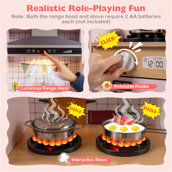 粉色双面儿童游戏厨房，配有饮水机和抽油烟机，适合3岁以上儿童使用-15