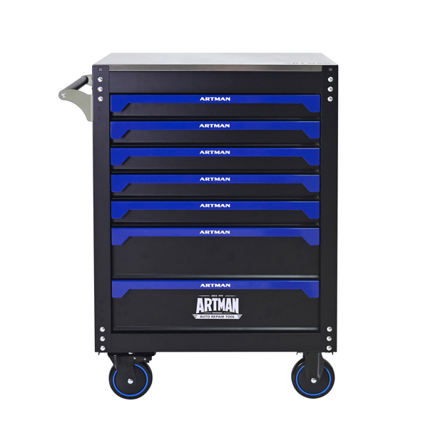30英寸7抽屉铁质台面实用滚动钢制工具车，带把手和轮子，适用于车库、仓库、修理店等场所的储物柜，工具车需自行组装 - 黑蓝色-5