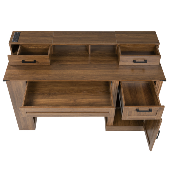 55英寸农舍风格办公桌，带储物柜和充电站，谷仓门设计电脑书桌，配备键盘托盘、显示器支架和洞洞板，适用于书房、客厅、家庭办公室，深胡桃木色。-23