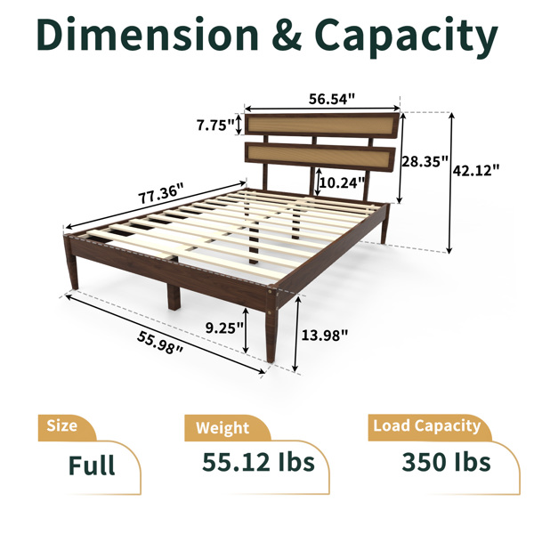 深胡桃木 油漆面+藤编 松木 双床头板 Full 木床 波西米亚风 XP000470101-7