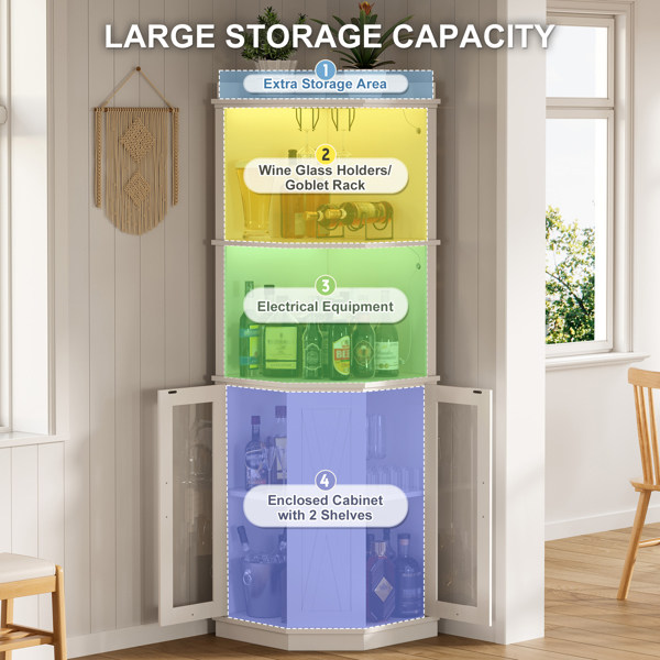 67.3英寸转角吧台柜，带电源插座，乡村风格酒柜，带可调节搁板，适用于家庭、餐厅、客厅、厨房，配备照明灯和酒杯架。-19