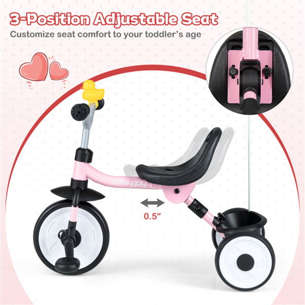 彩虹LED车轮幼儿三轮车、碳钢框架可折叠三合一平衡自行车、可拆卸踏板和后储物篮-粉色-4