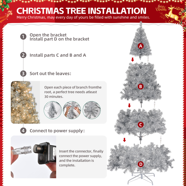 8ft 银色 500灯 暖色8模式 1350枝头 自动树结构 PET材质 圣诞树 美规-6