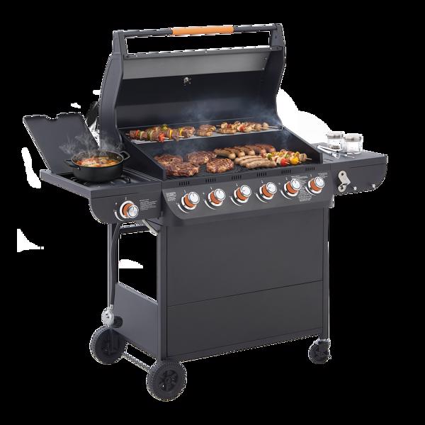 六燃烧器丙烷燃气烧烤炉，带侧炉，72000 BTU功率输出，不锈钢材质，配备铸铁烤架和侧边置物台，适用于户外烹饪、厨房和庭院后院。-7