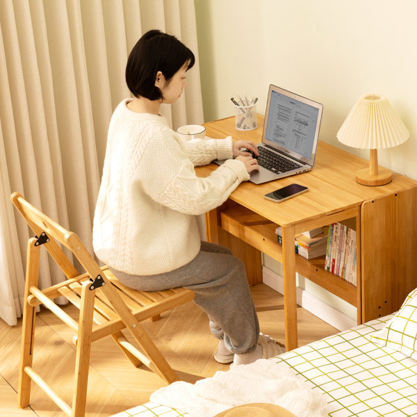 竹制折叠书桌，节省空间的电脑桌，适用于小空间，可折叠学习桌，适合卧室、家庭办公室、宿舍、公寓使用，天然原木色。-8