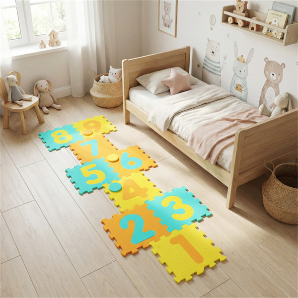 黄色儿童婴儿床泡沫垫，带9块联锁瓷砖和3个标记盘，适合10个月大的幼儿防滑游戏垫+-2