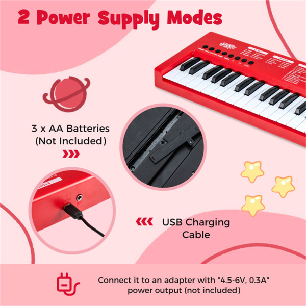 红色37键儿童电子键盘，带麦克风，8个音调和8个节奏钢琴玩具，适合3岁儿童+-6
