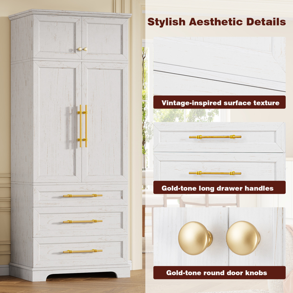 78.2英寸高乡村风格厨房储物柜，配有8个门内置物架、3个可调节搁板和3个大抽屉，多功能储物柜，适用于厨房、餐厅和浴室，复古白色。-21