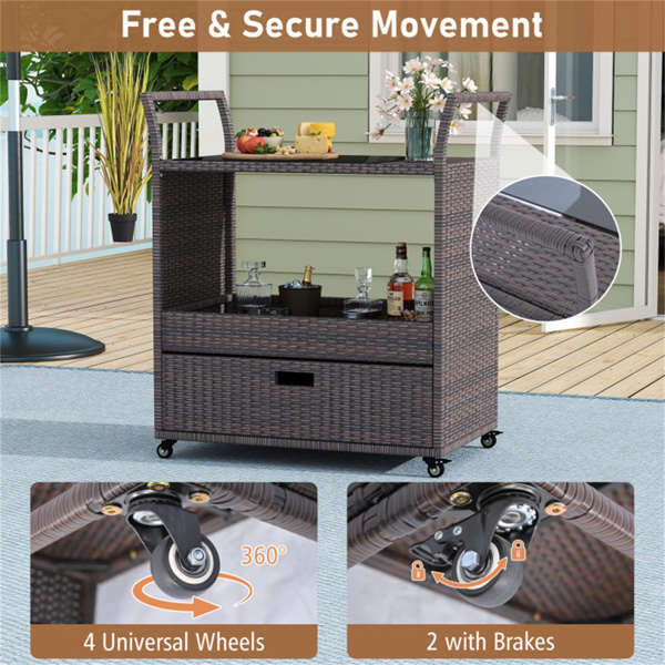 手织PE藤条户外酒吧车，带钢化玻璃台面和抽屉，4个带制动器的轮子，为露台提供服务-8