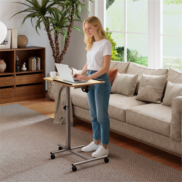 可调节笔记本电脑桌推车，24.5“-36”高度和倾斜角度移动工作站，带可锁定轮子，自然-9