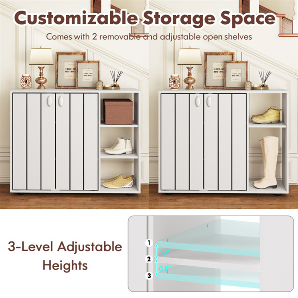 可调节货架鞋柜，2门封闭式+3层开放式入口储物柜-白色-5