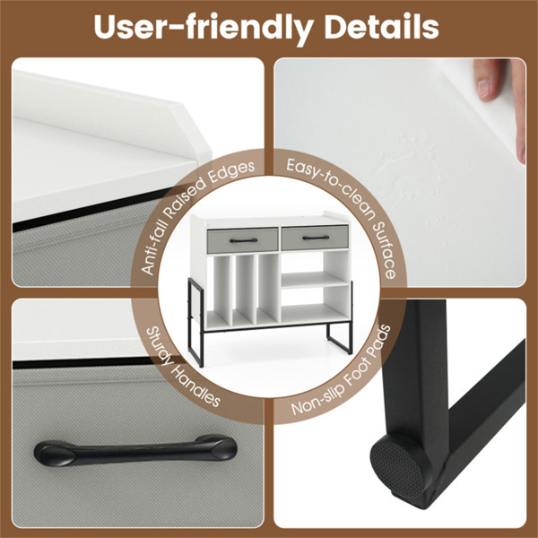 带充电站、可调节架子和折叠抽屉的唱片播放器支架乙烯基白色储物-白色-4