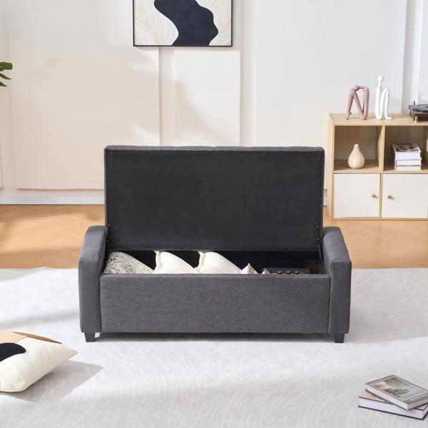 48英寸卧室床尾储物长凳，仿亚麻布面软垫储物脚凳，带扶手，适用于卧室、客厅、玄关，灰色。-8