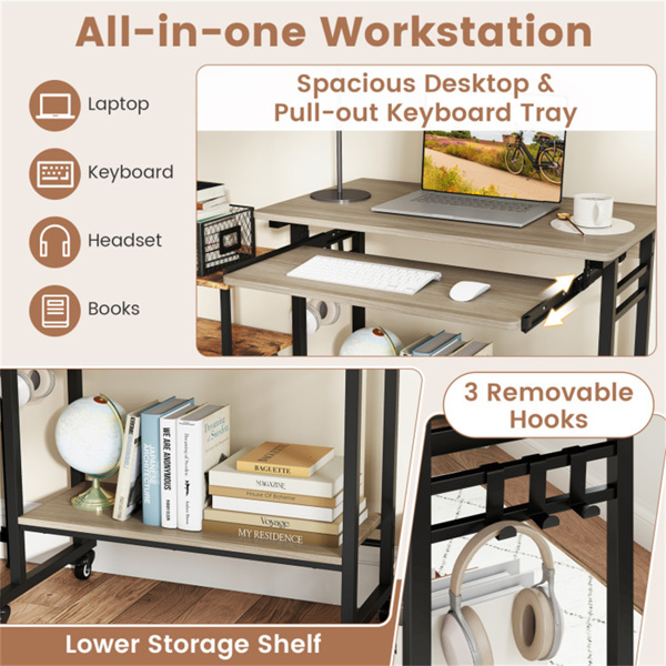 灰色移动电脑桌，带键盘托盘和储物架，360°可锁定脚轮，适用于家庭办公室-8