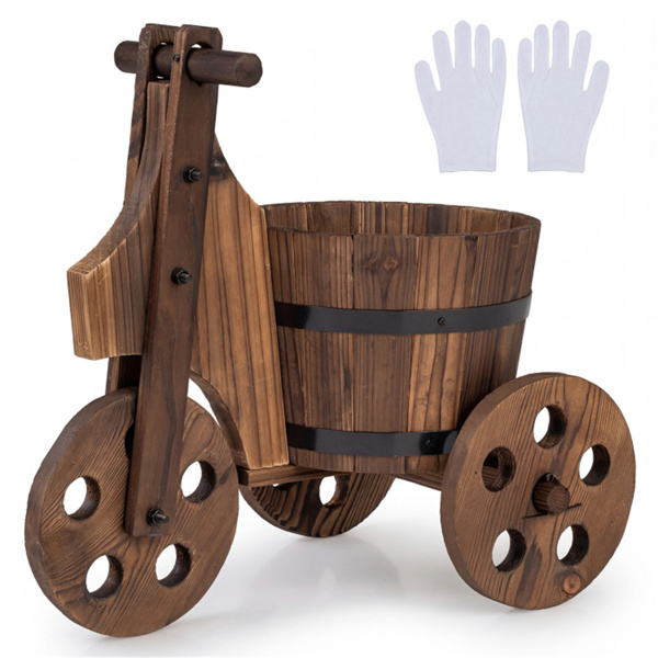 木制花园床农舍式木制植物推车，金属带加固庭院装饰花盆-1