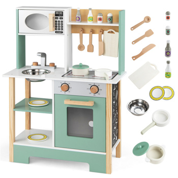儿童木制游戏厨房，配有13个配件，3人以上带黑板的假装烹饪套装，绿色+白色