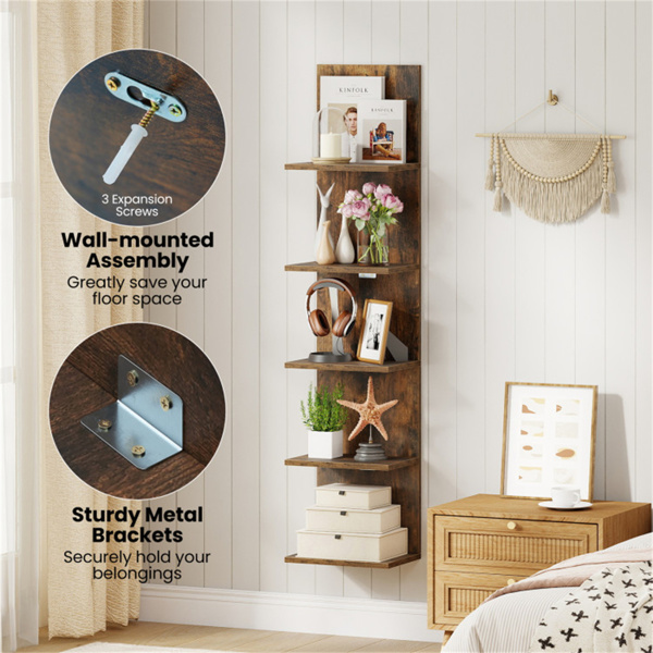 5层壁挂式浮动货架，30.48×21.59×129.54cm乡村棕色工程木货架，每架11LBS，间距9.5“-8