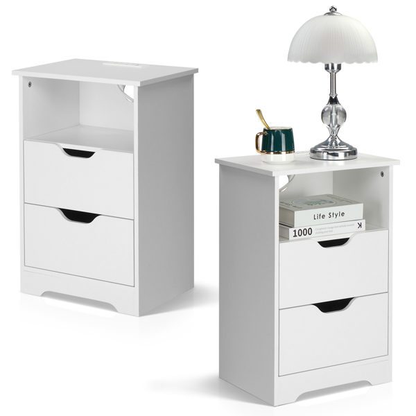 白色 P2刨花板 贴麻面三胺 无拉手 40*30*60cm 两抽带上隔层 床头柜 带欧规电源 1PC-24