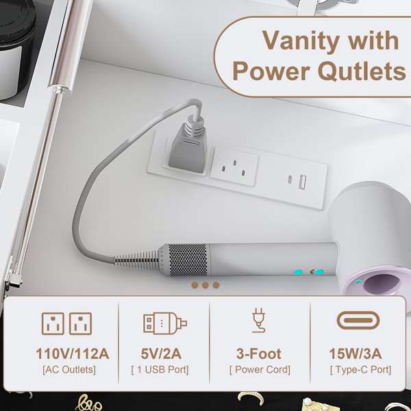 翻盖式梳妆台，带LED照明镜子和内置电源插座 - 化妆桌，配有两个抽屉、开放式储物空间和首饰挂钩（不含凳子，白色）不支持self-pick up且不支持指定仓库发货-3