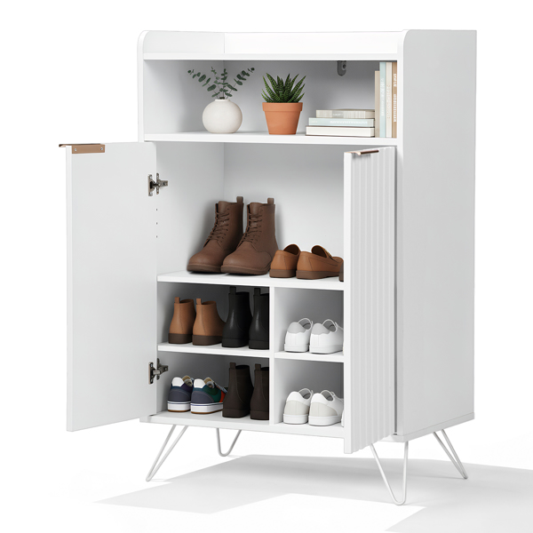 格栅面带挡板2门加顶部开放空间带2钩高脚 鞋柜 刨花板柜体 密度板吸塑门 68*40*106m  白色-4