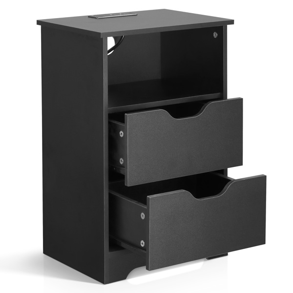 黑色 P2刨花板 贴麻面三胺 无拉手 40*30*60cm 两抽带上隔层 床头柜 带欧规电源 1PC-7