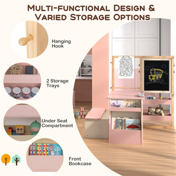 儿童多功能艺术中心，带双面架，3年以上木制艺术桌椅，粉色-7