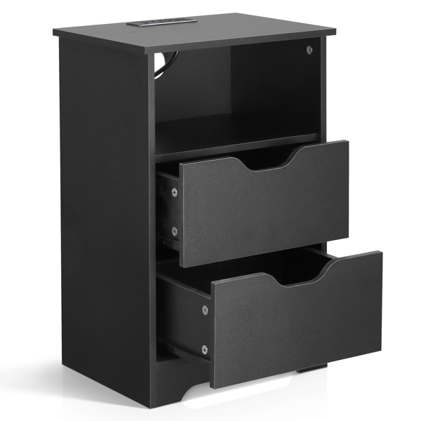 黑色 P2刨花板 贴麻面三胺 无拉手 40*30*60cm 两抽带上隔层 床头柜 带欧规电源 1PC-56