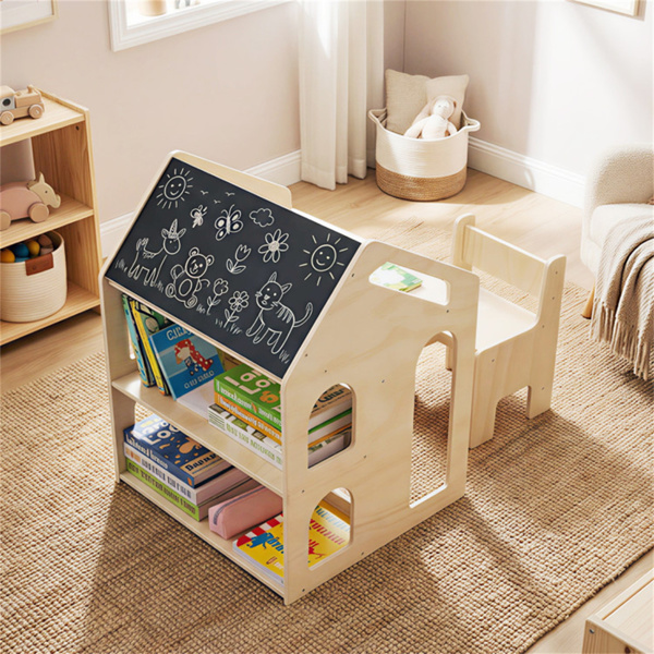 三合一儿童桌椅套装，55.88×50.80×69.85厘米带黑板和书架的家庭式活动桌-11