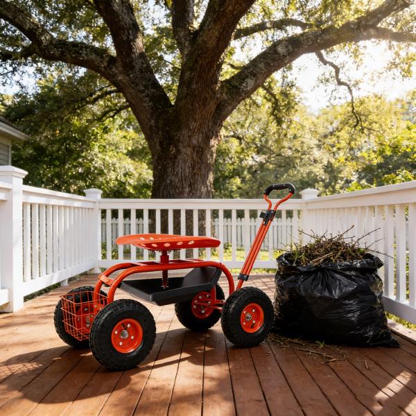 花园推车滚轮滑板车，可调节高度重型滑板车，带4轮可伸缩手柄的滚轮花园推车，带360度座椅和工具托盘的花园凳推车（红色）--不支持self pick up且不支持指定仓发货-11