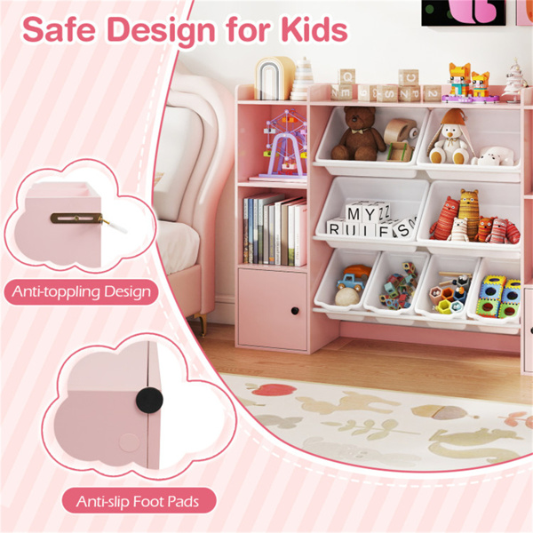 粉色儿童玩具收纳柜，配备8个储物箱，防倾倒设计，开放式货架，可存放3年以上-7