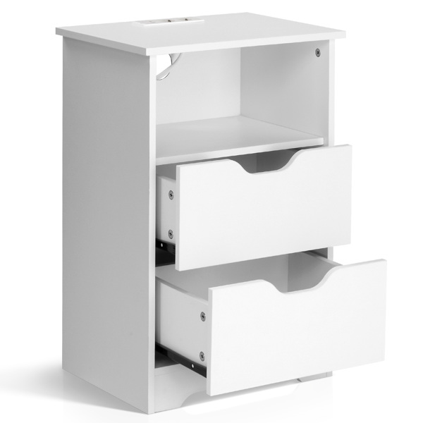 白色 P2刨花板 贴麻面三胺 无拉手 40*30*60cm 两抽带上隔层 床头柜 带欧规电源 1PC-22