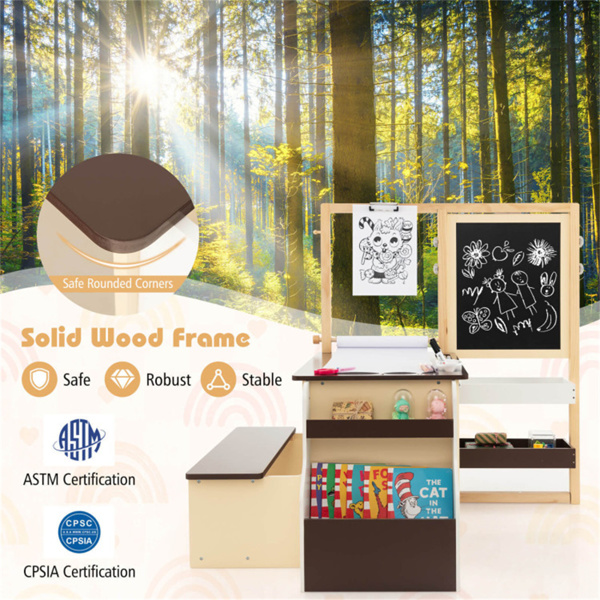 儿童多功能艺术中心，带双面架，3年以上木制艺术桌椅，棕色-11