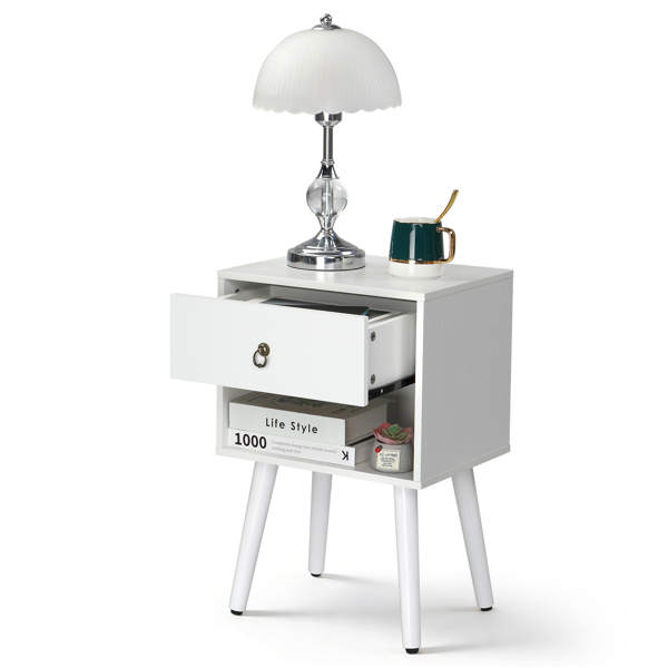 白色 P2刨花板+实木腿 贴麻面三胺 拉环拉手 38*30*55cm 一抽带下隔层 床头柜 1PC-17