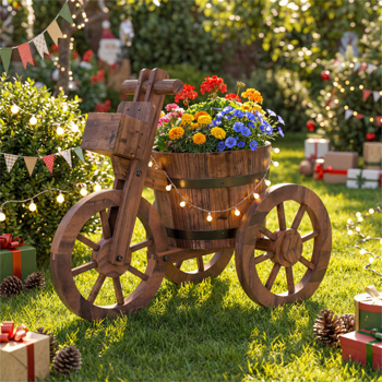 碳化杉木三轮花盆车、排水孔储物箱、老式农舍花盆