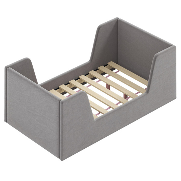 灰色软垫幼儿床天鹅绒木制板条框架，适合儿童，无床垫-4