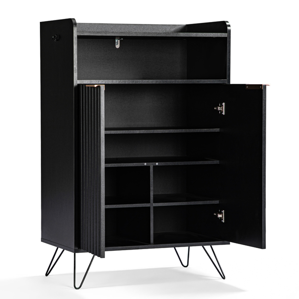 格栅面带挡板2门加顶部开放空间带2钩高脚 鞋柜 刨花板柜体 密度板吸塑门 68*40*106m  黑色-2