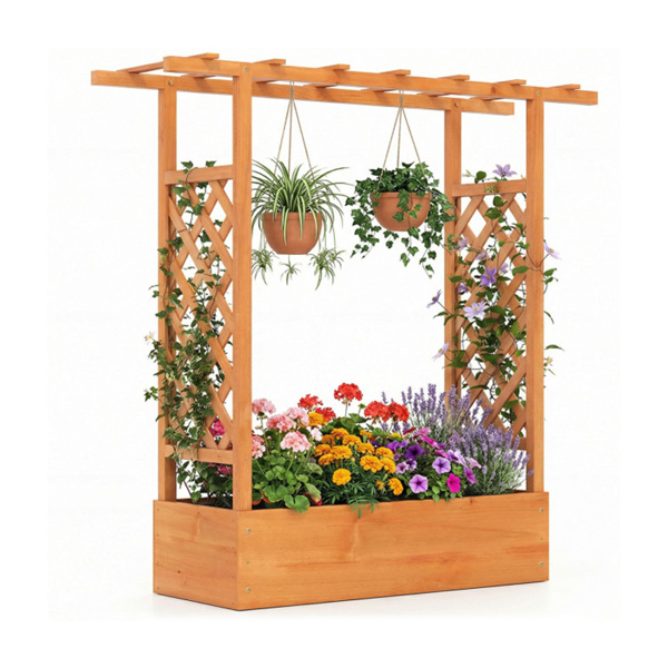 带侧格架的冷杉木高架花园床，109.22×35.56×114.30 cm带排水孔的种植箱，橙色-1