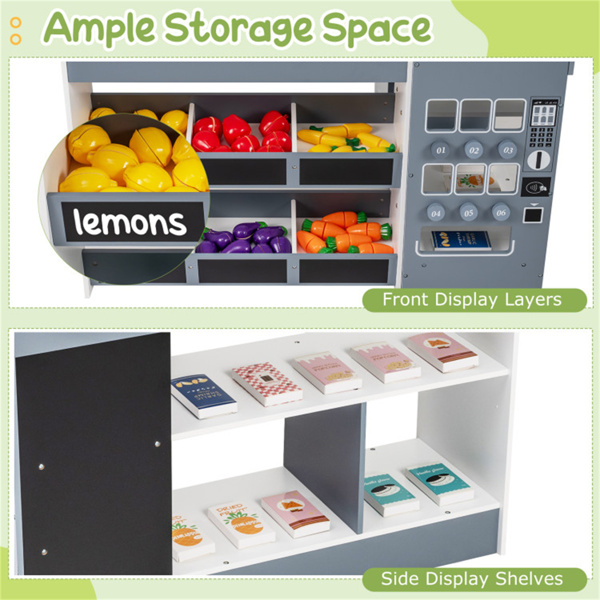 灰色木制儿童超市玩具套装，带自动售货机，90.17×78.74×104.14cm杂货店玩具，带购物车，3人+-10