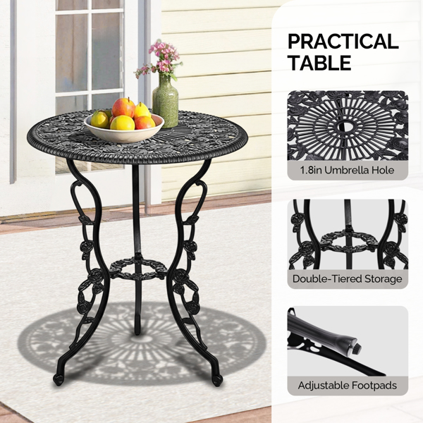 2pcs单人椅和1pc圆桌 玫瑰花型 黑色 铸件套装-8