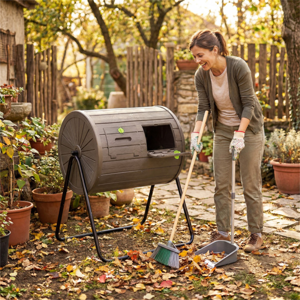 咖啡色双室堆肥滚筒37.5Gal 360°旋转堆肥箱，带搅拌叶片，用于花园-2