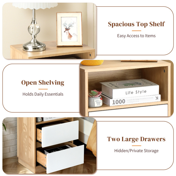 白色+橡木色 P2刨花板 贴麻面三胺 抽屉斜封边 40*30*60cm 两抽带上隔层 床头柜 1PC-4