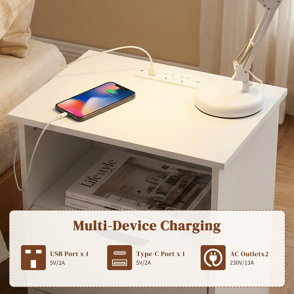 白色 P2刨花板 贴麻面三胺 无拉手 40*30*60cm 两抽带上隔层 床头柜 带欧规电源 1PC-3