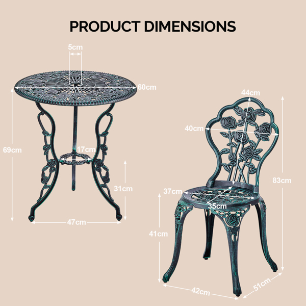 2pcs单人椅和1pc圆桌 玫瑰花型 铜绿色 铸件套装-2
