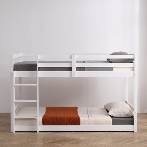 白色 油漆面 松木+胶合板 头尾横撑护栏 Twin 儿童木床 直梯 可拆分成单层床 双层床-23