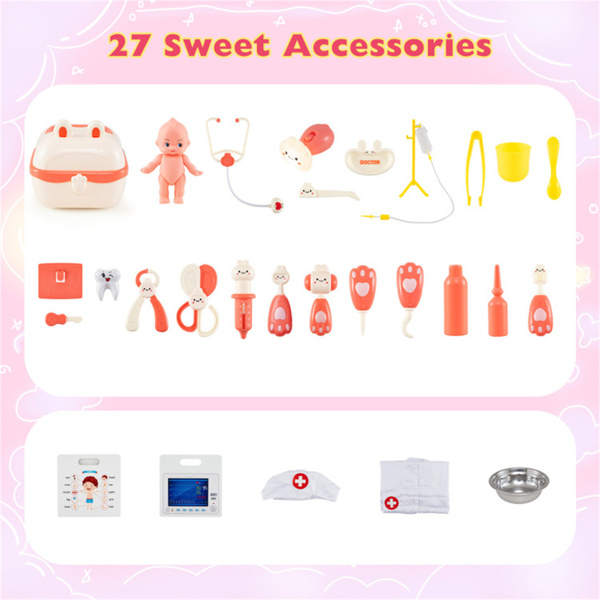 木制儿童医生医疗站游戏机，93.98×54.61×99.06cm 27件带心电图监测仪的医疗工具，适用于3-6年，粉红色+白色-5